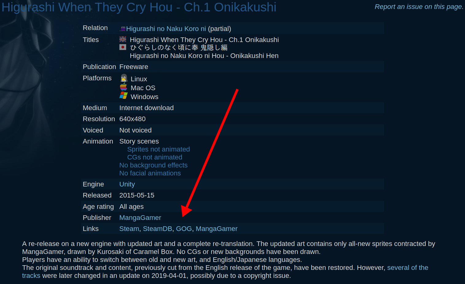 Releases page with a giant arrow pointing to External Links.